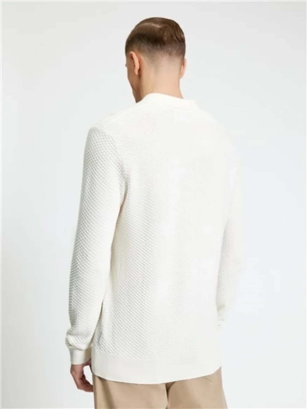 Ben Sherman Relaxed Fit Long Sleeve Textured Open Neck Knitted Polo in Ivory